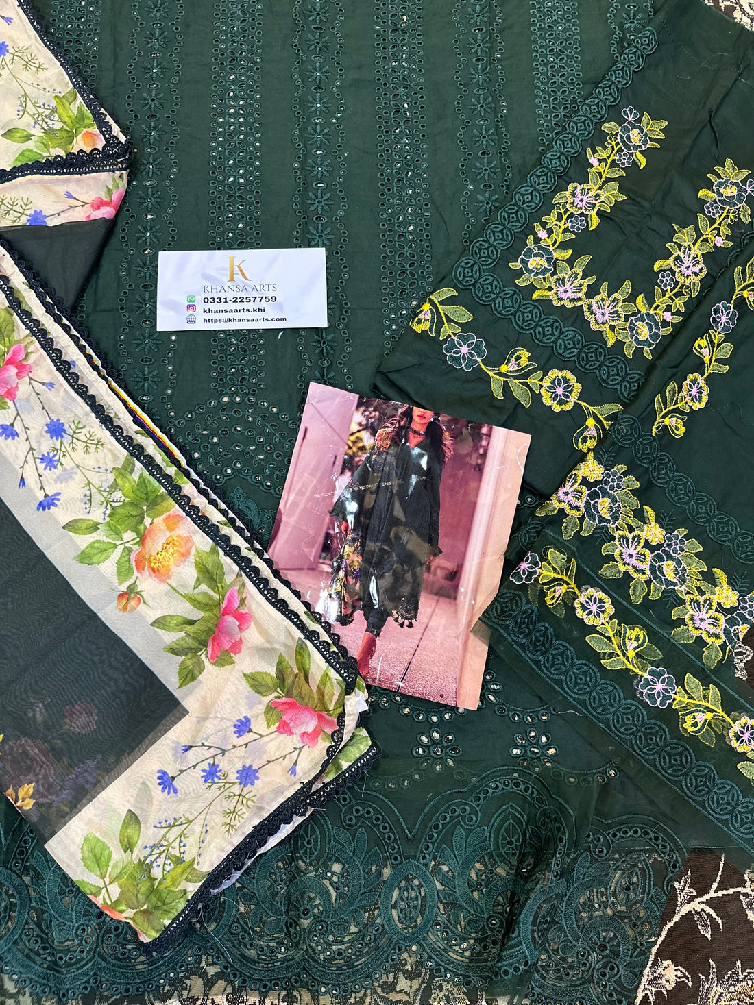 Saira Rizwan Bottle Green Shifle Chikankari Embroidery 3pc |Kssl-240